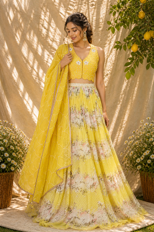 Yellow Digital Printed Lehenga Set