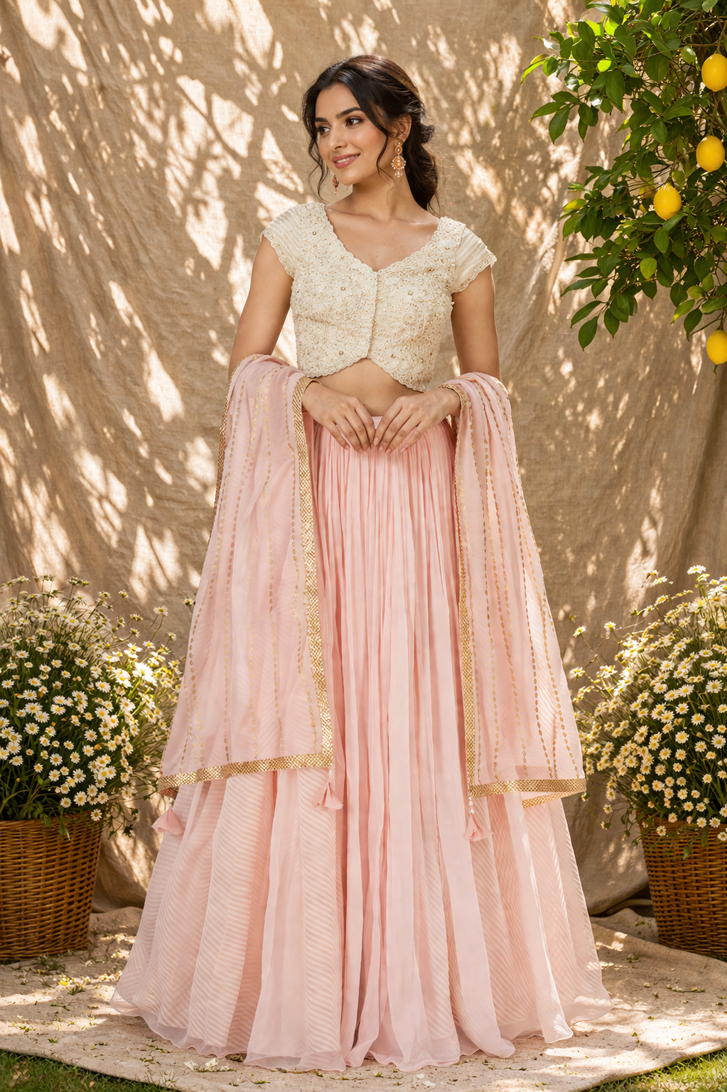 Ivory Pearl Embellished Blouse & Blush Pink Lehenga Set