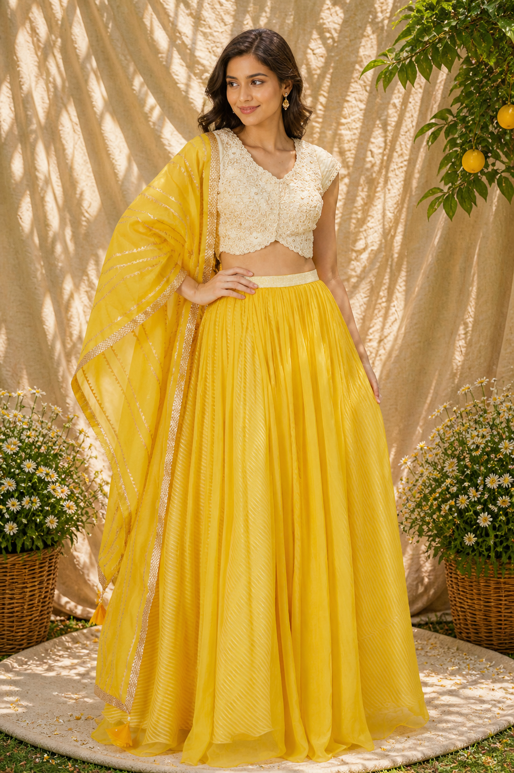 Ivory Pearl Embellished Blouse & Sunshine Yellow Lehenga Set