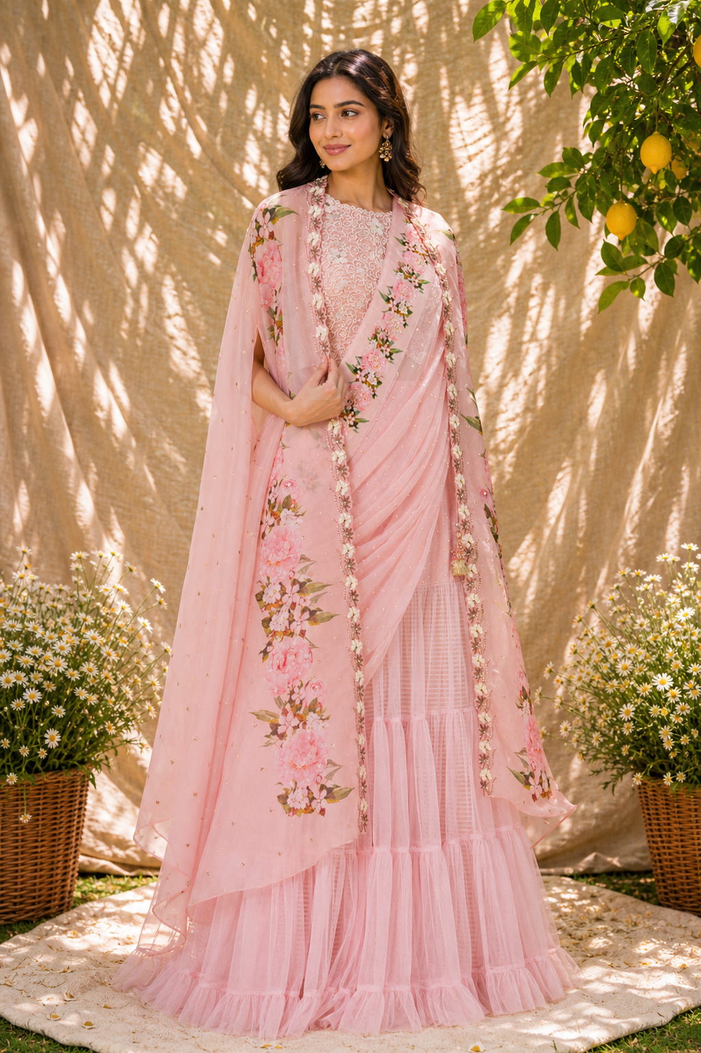 Blush Pink Floral Cape & Pre-Draped Sharara Set