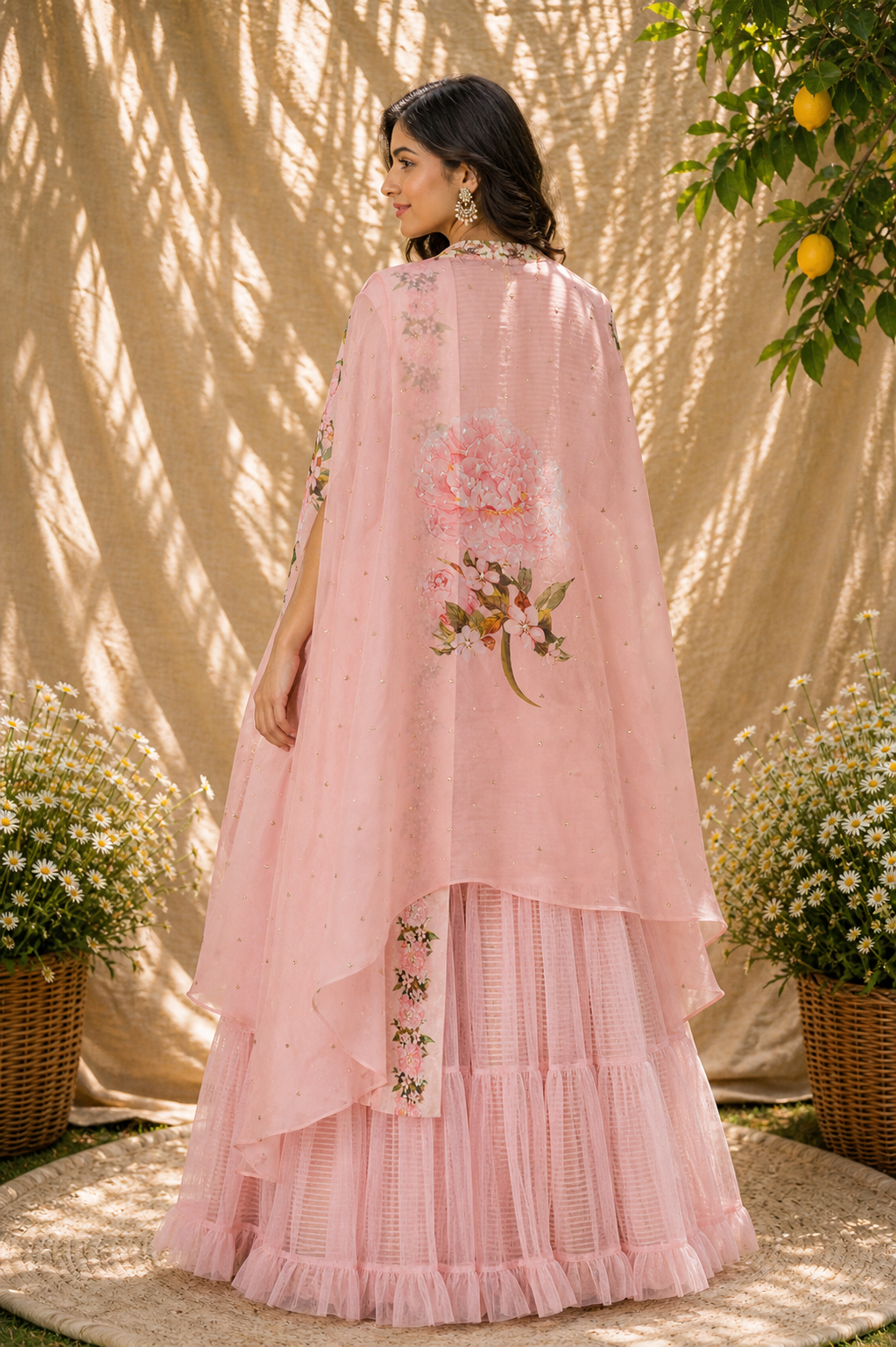 Blush Pink Floral Cape & Pre-Draped Sharara Set