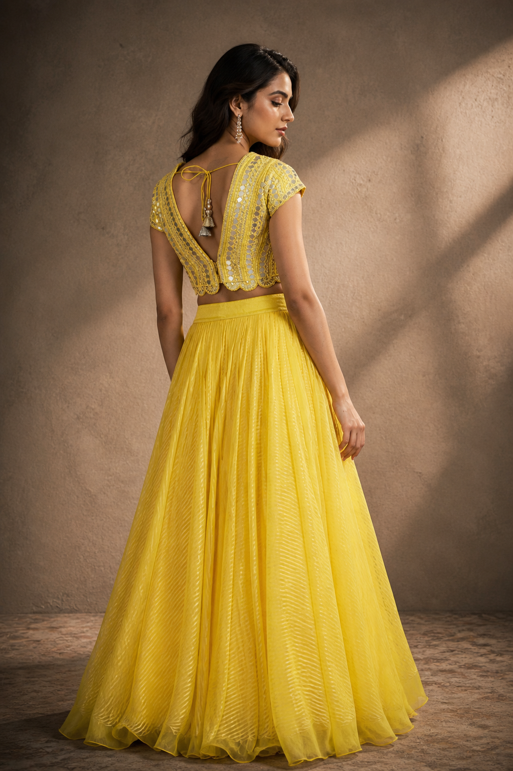 Sunshine Yellow Leather-Work Lehenga & Floral Dupatta Set
