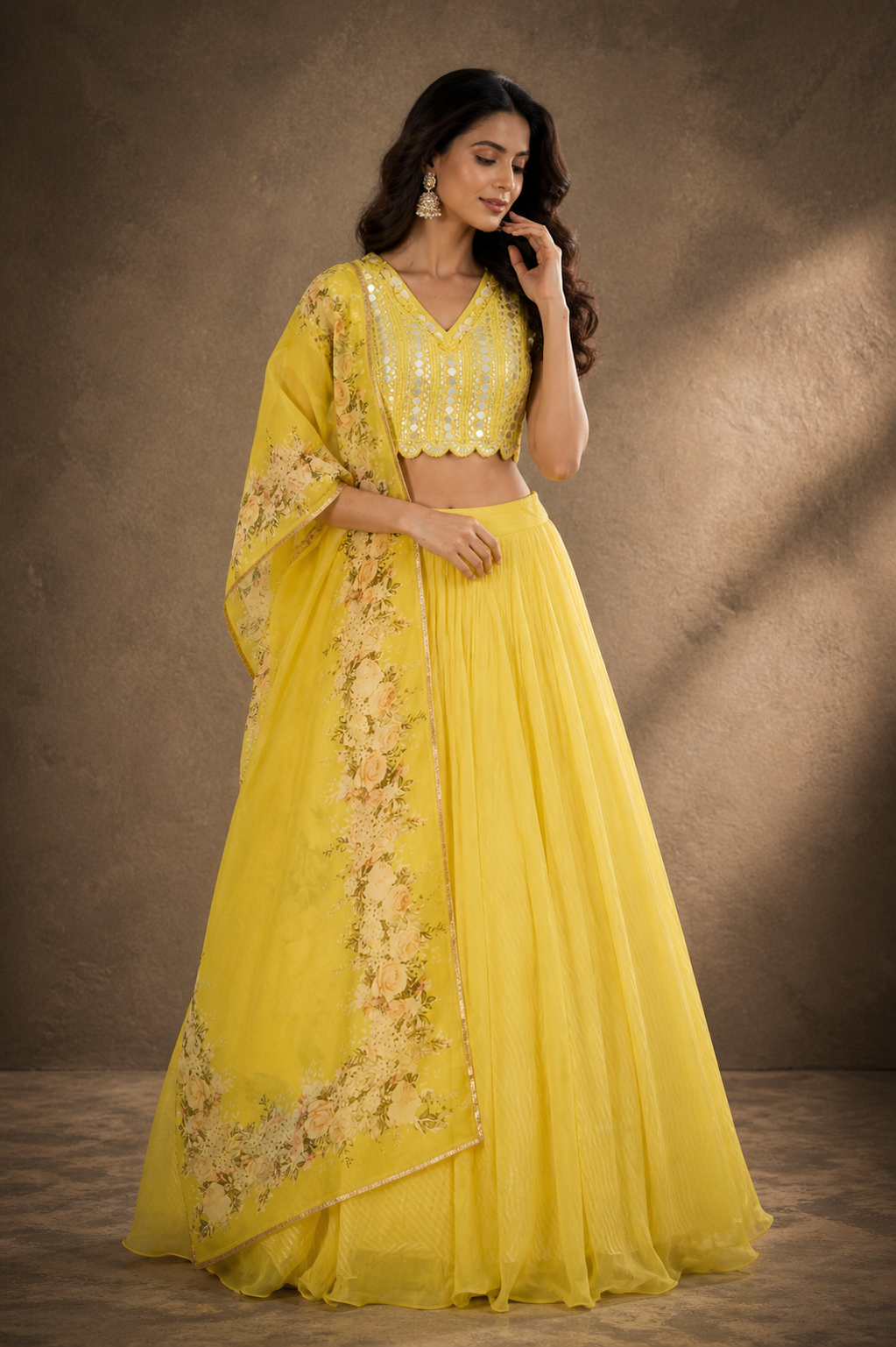 Sunshine Yellow Leather-Work Lehenga & Floral Dupatta Set
