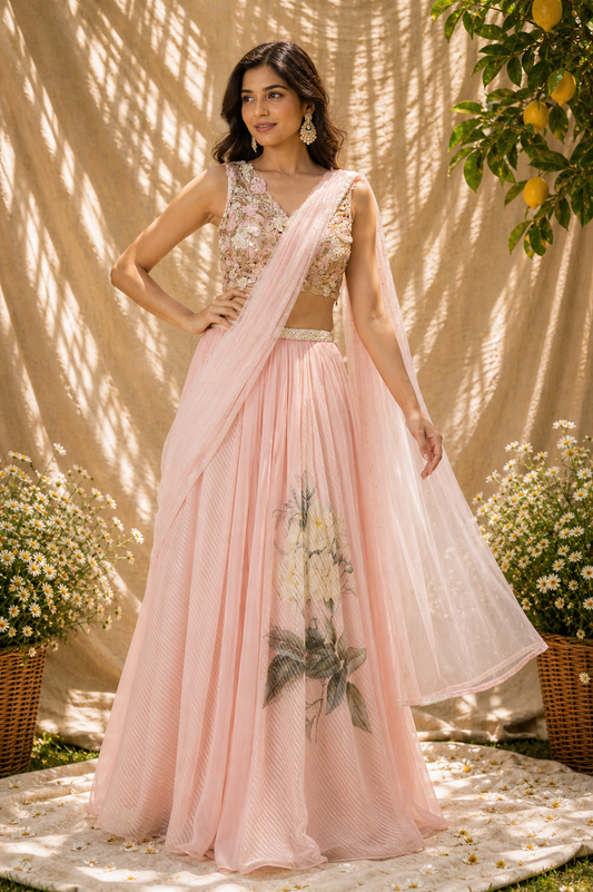 Blush Pink 3D Floral Embroidered Pre-Draped Lehenga Saree