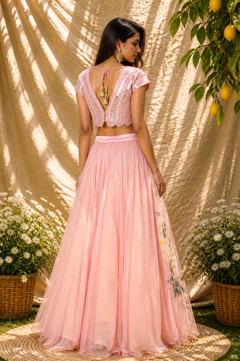 Baby Pink Organza & Chiffon Printed Lehenga Set