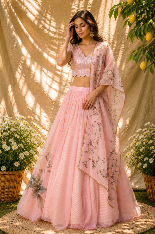 Baby Pink Organza & Chiffon Printed Lehenga Set