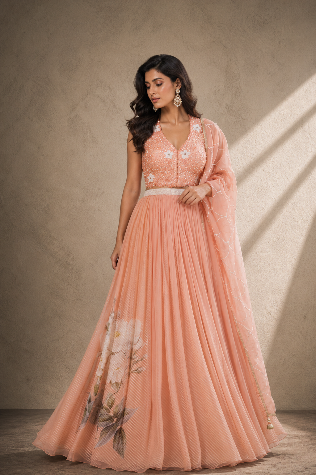 Peach Digital Printed Lehenga Set