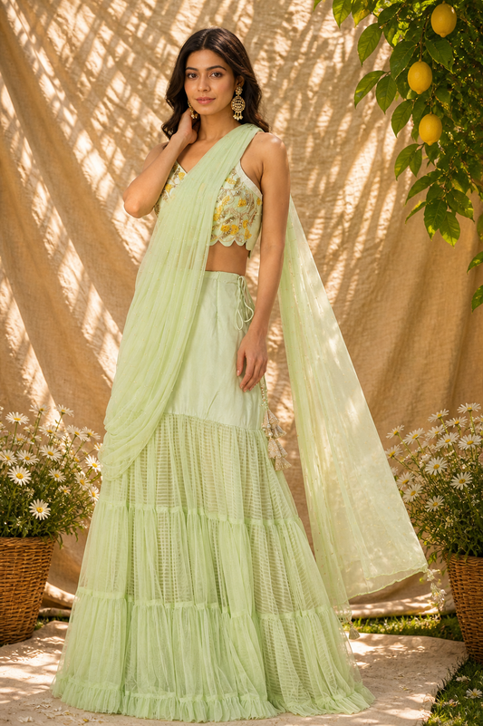 Lime Green Raw Silk Lehenga Set