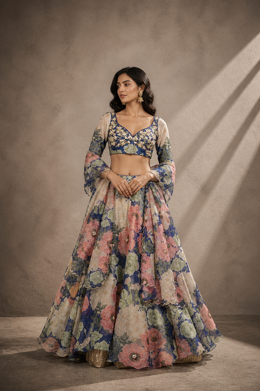 Royal Blue Floral Lehenga Set