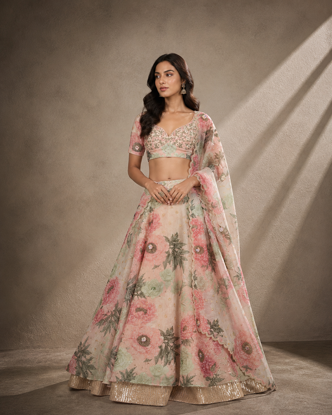 Blush Pink & Sage Botanical Lehenga Set