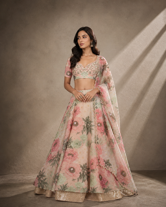 Blush Pink & Sage Botanical Lehenga Set