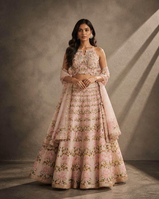 Blush Pink 3D Floral Lehenga Set