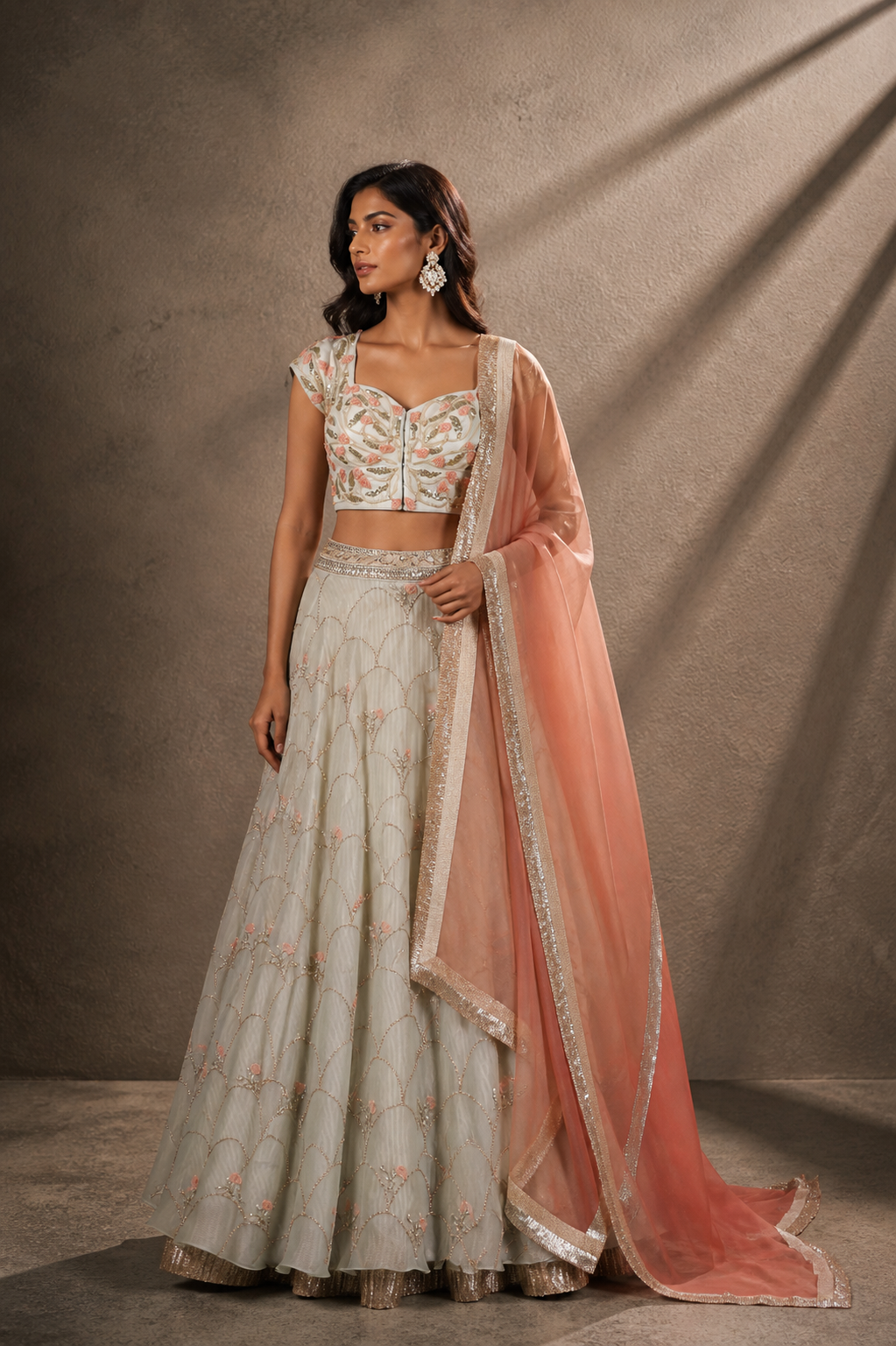 Mint & Peach Floral Embellished Lehenga Set