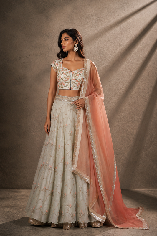 Mint & Peach Floral Embellished Lehenga Set