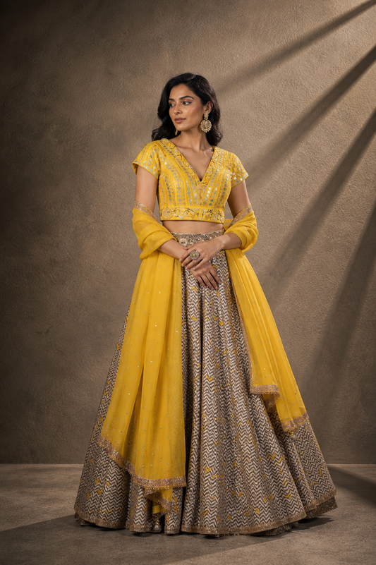 Canary Yellow & Metallic Gray Mirror-Work Lehenga Set