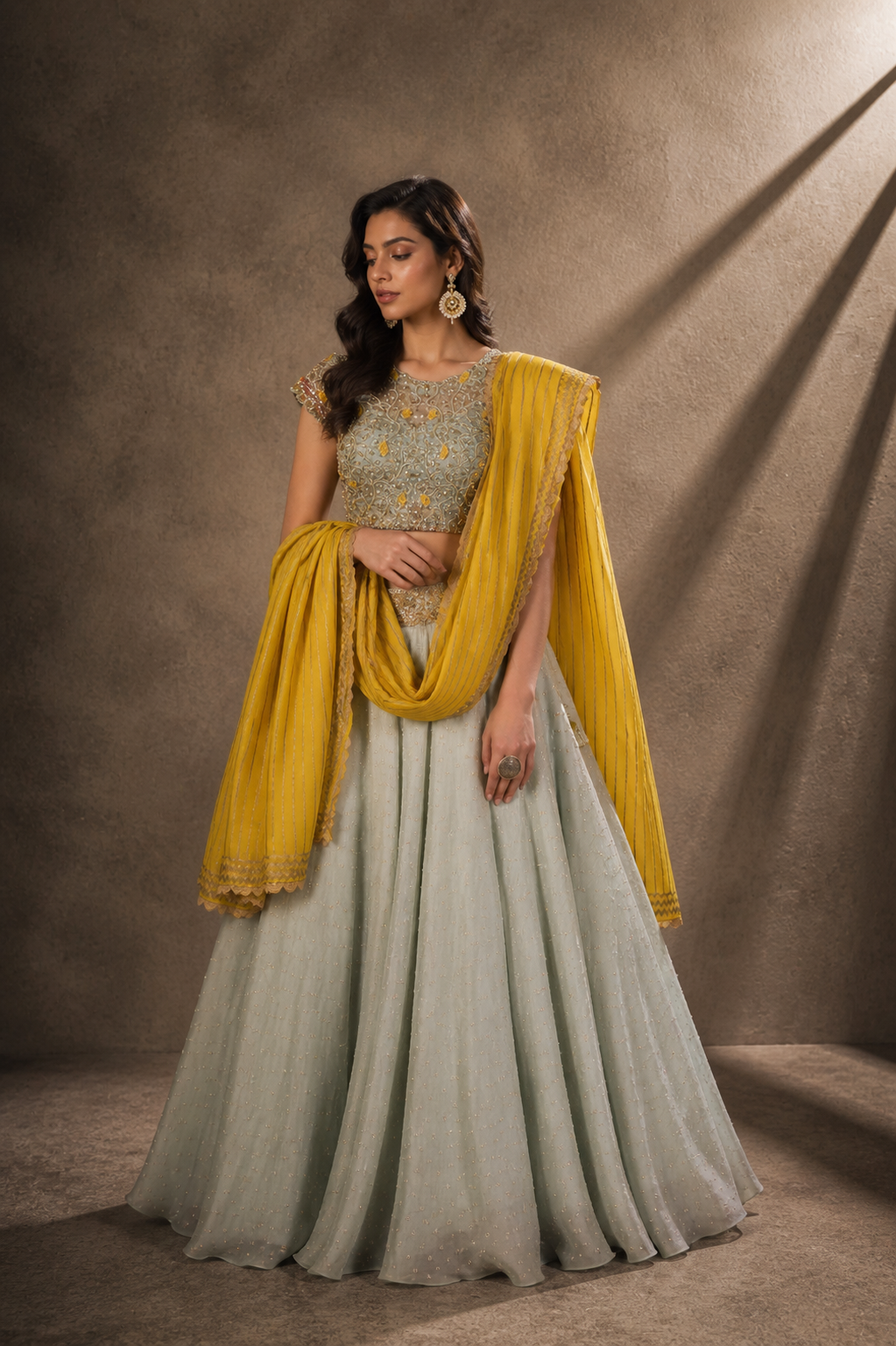 Mustard & Mint Gray Embellished Lehenga Set