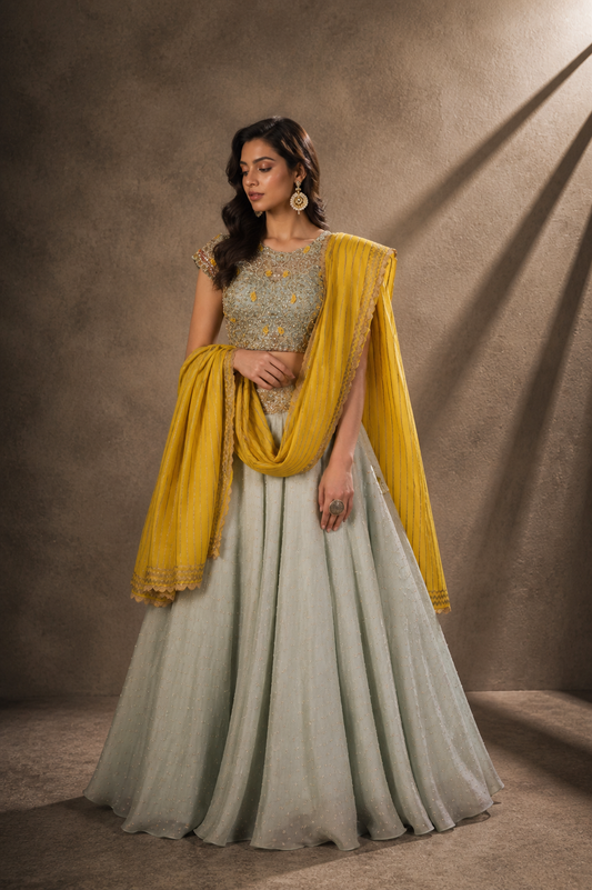Mustard & Mint Gray Embellished Lehenga Set