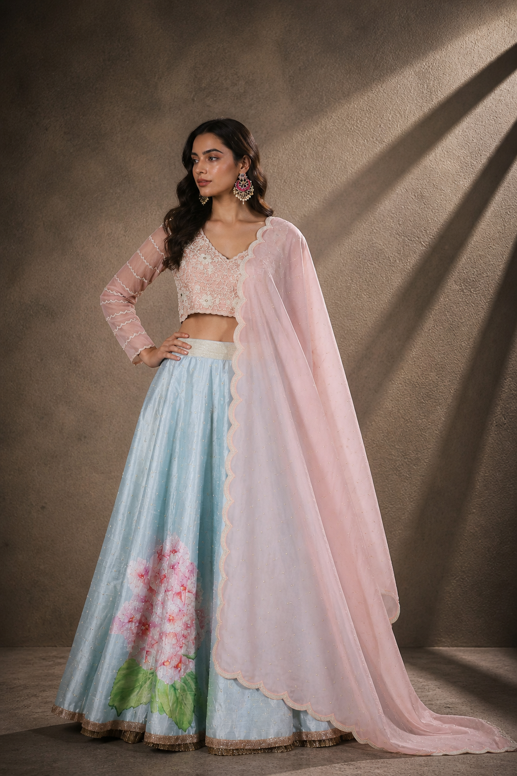 Blush Pink & Powder Blue Botanical Lehenga Set