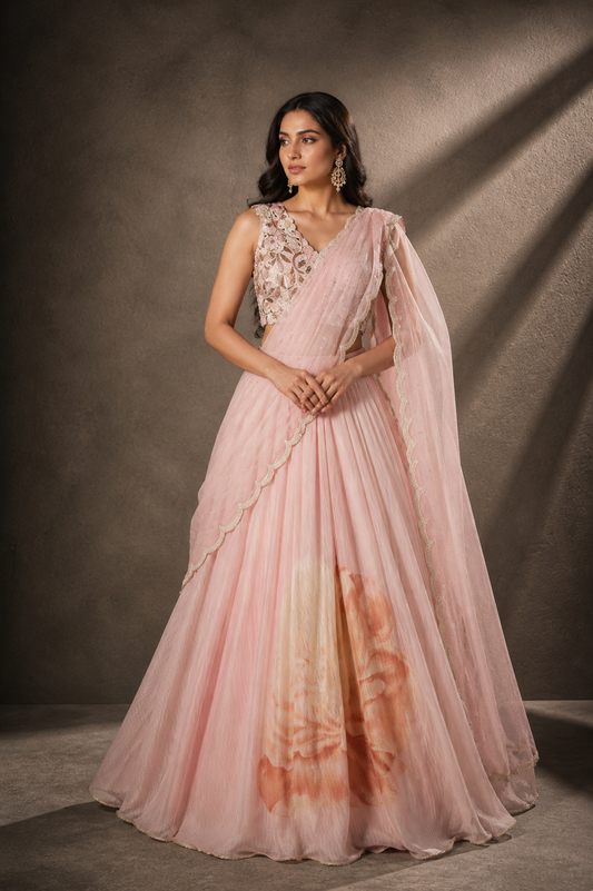Blush Pink Botanical Drape Lehenga Set