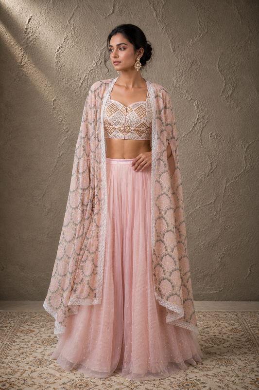 The Blush Scallop Cape & Geometric Bustier Set