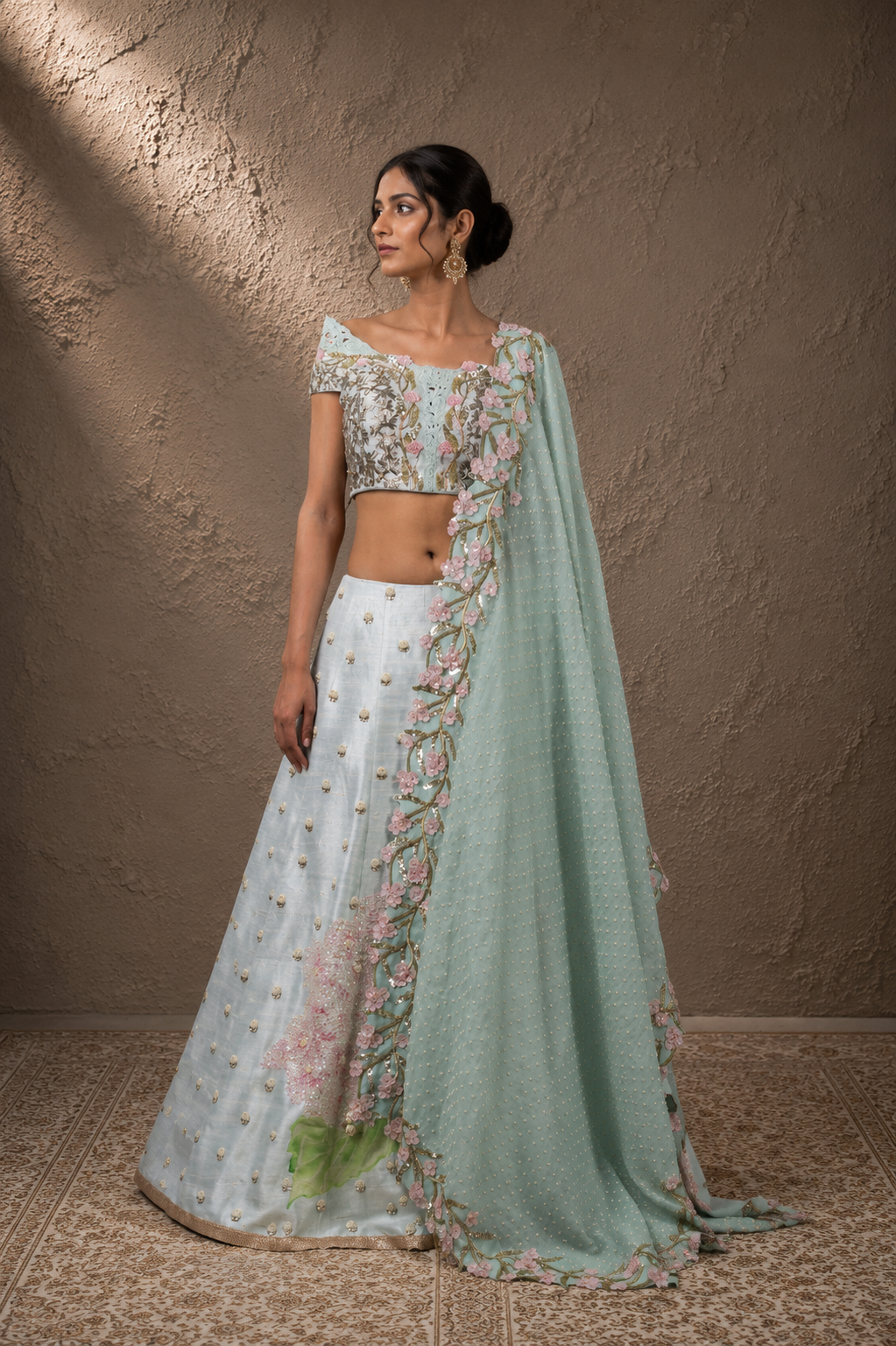 The Icy Mint Sequin & Hand-Painted Blossom Lehenga Set