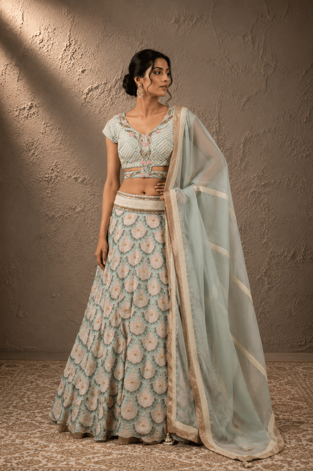 The Seafoam Scallop & Cut-Out Bloom Lehenga Set