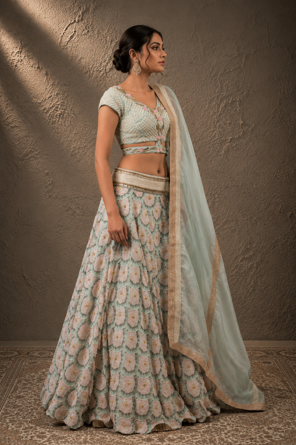 The Seafoam Scallop & Cut-Out Bloom Lehenga Set