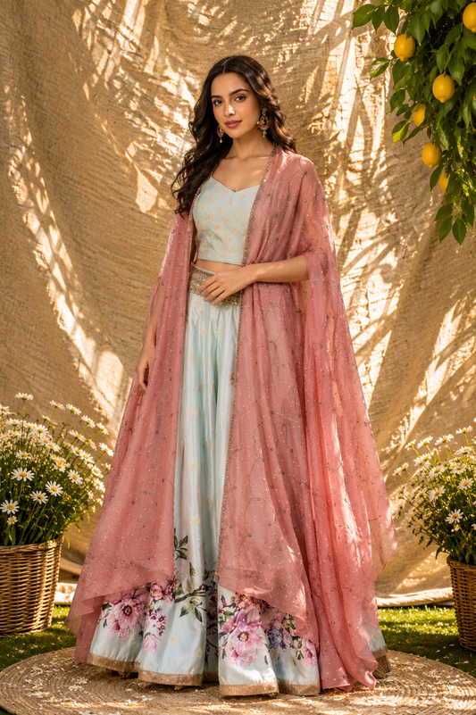 Dusty Rose Cape & Powder Blue Floral Lehenga Set