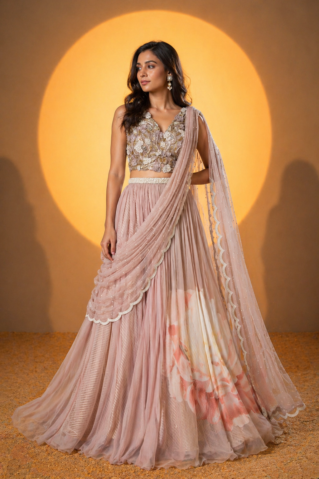 Dusty Mauve 3D Floral Appliqué Bustier & Pre-Draped Lehenga Saree