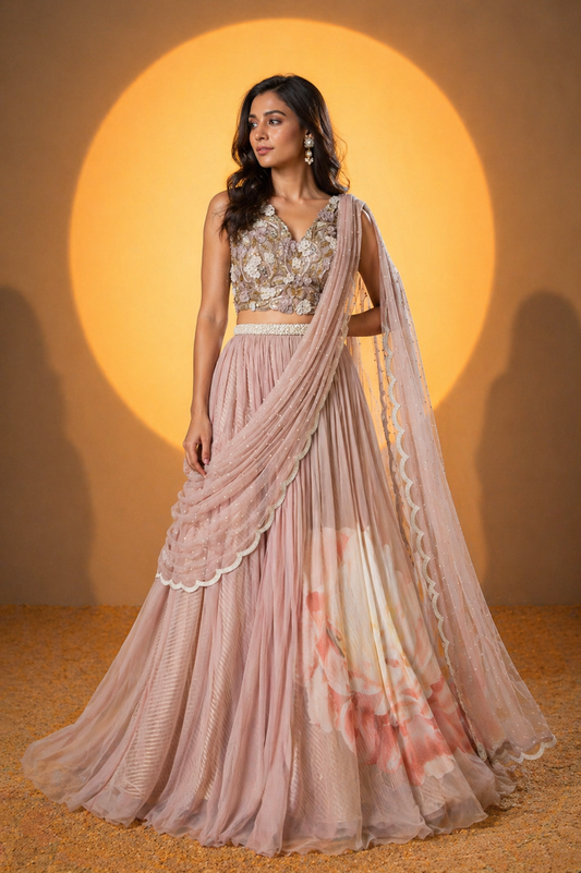 Dusty Mauve 3D Floral Appliqué Bustier & Pre-Draped Lehenga Saree
