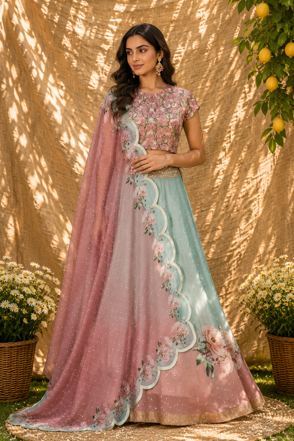 Seafoam & Blush Pink 3D Floral Lehenga Set