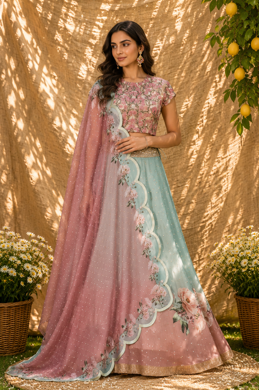 Seafoam & Blush Pink 3D Floral Lehenga Set