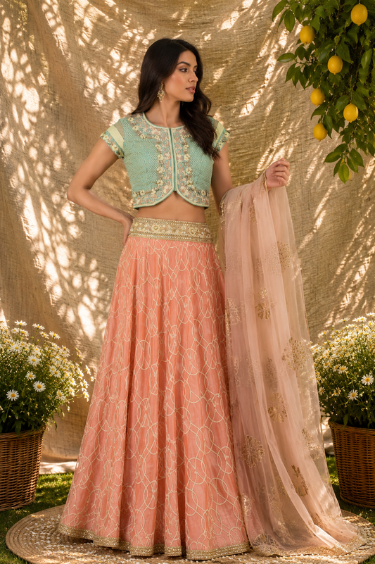 Mint Sage & Coral Lattice Embroidered Lehenga Set