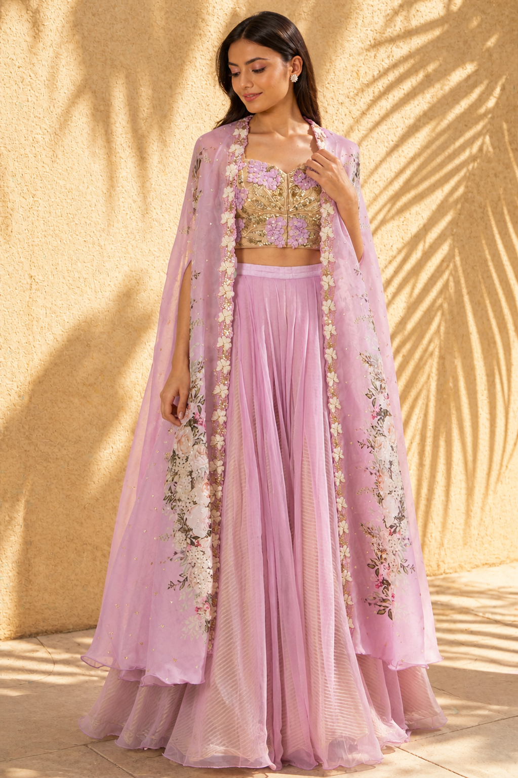 Lilac Organza Printed Cape Set