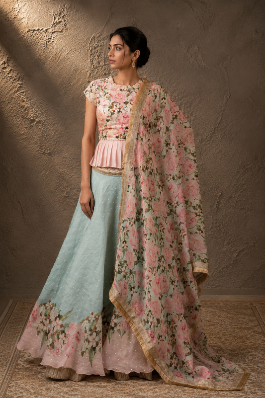 The Rose Garden Peplum & Mint Organza Lehenga Set
