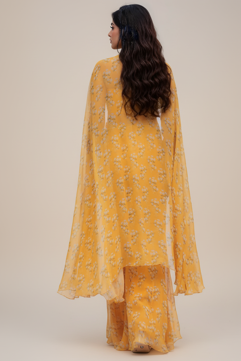 Kesar Raw Silk & Chiffon Printed Cape Set