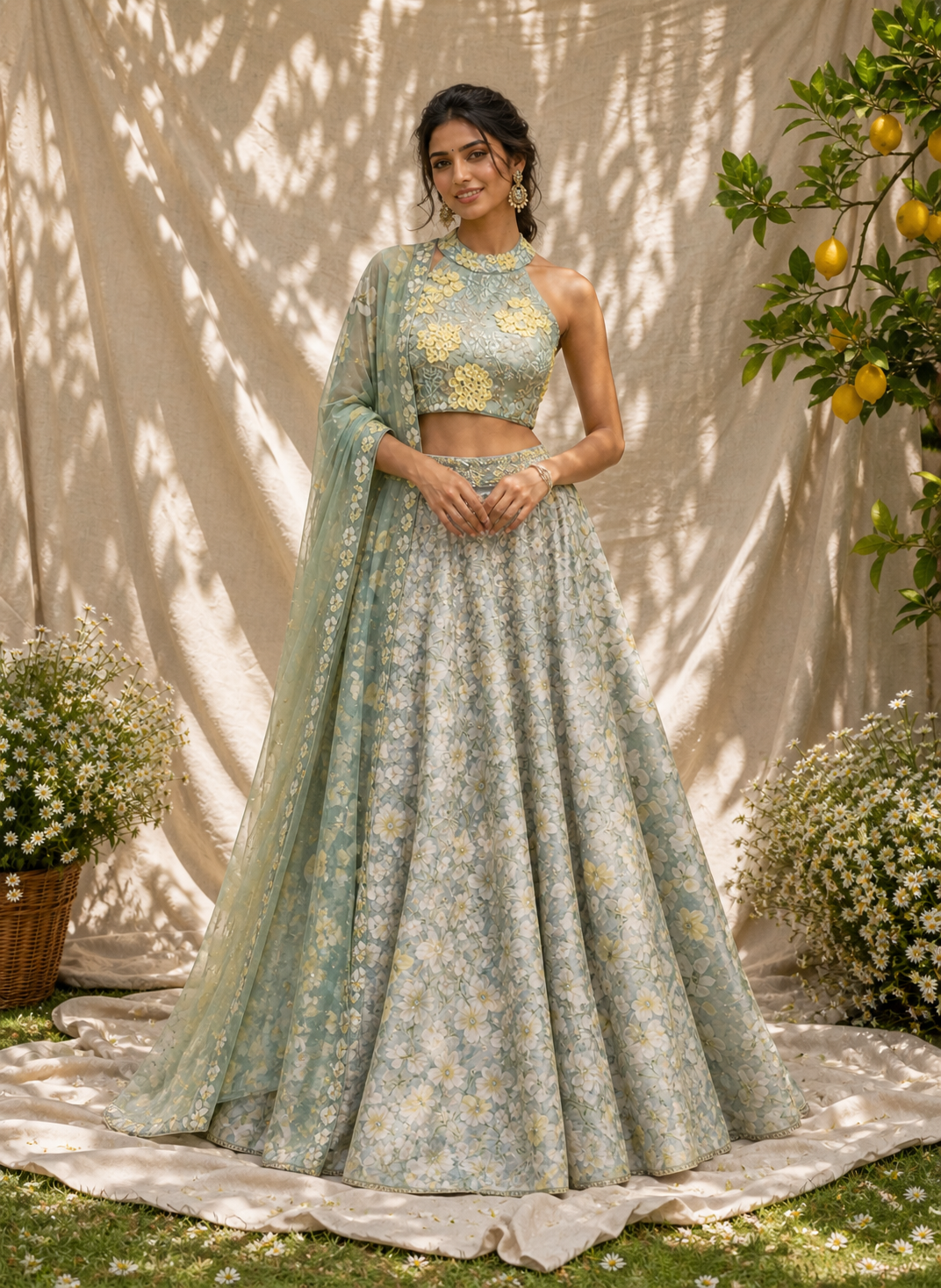 Pastel Seafoam Floral Lehenga Set with Embroidered Halter Blouse
