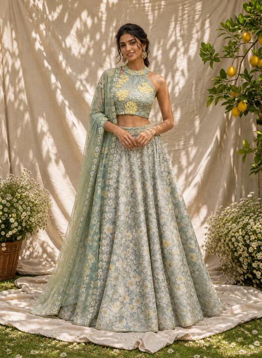 Pastel Seafoam Floral Lehenga Set with Embroidered Halter Blouse