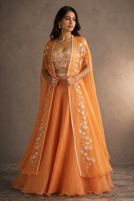 Tangerine Floral Embroidered Cape & Flared Palazzo Fusion Set