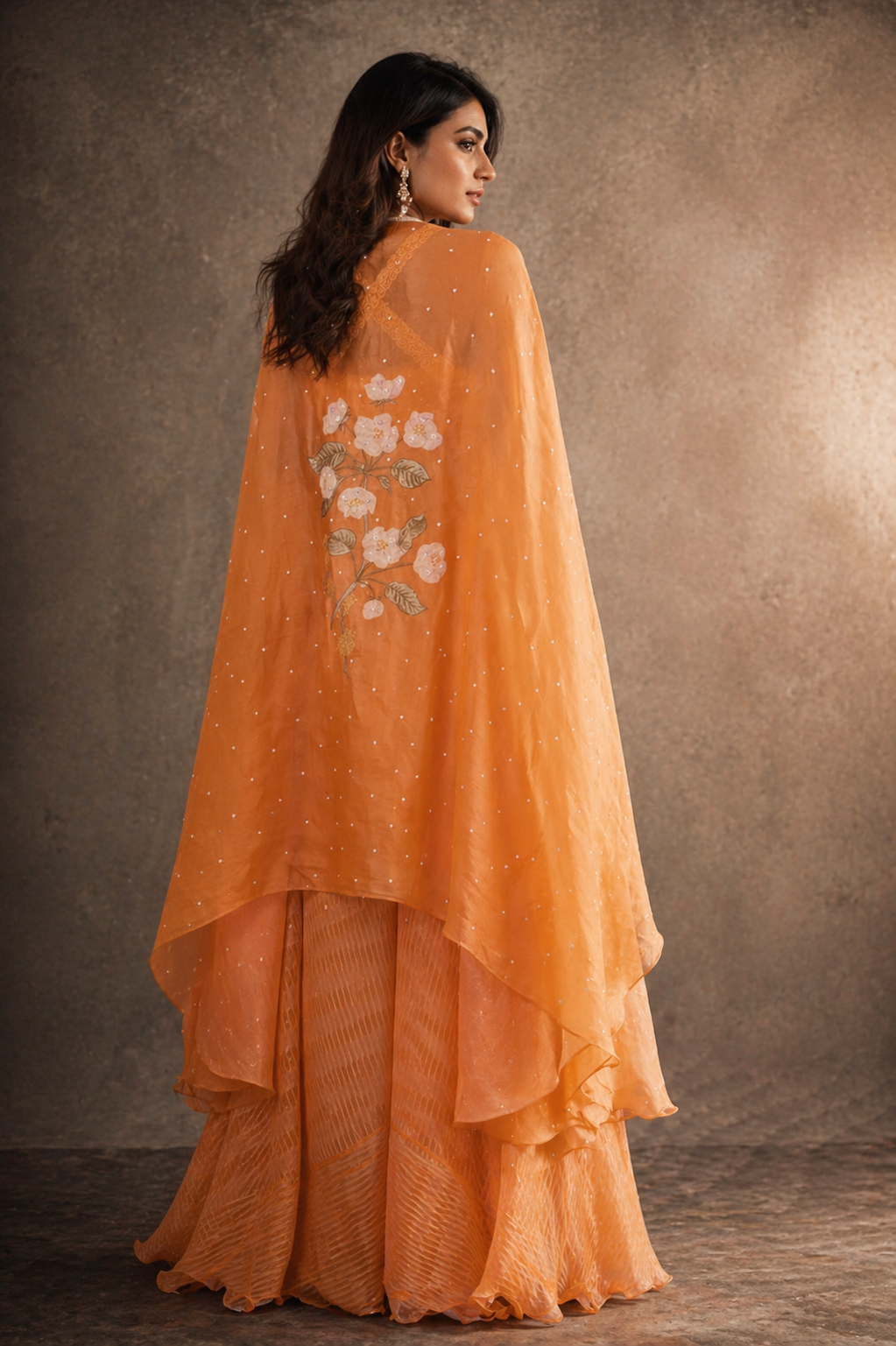 Tangerine Floral Embroidered Cape & Flared Palazzo Fusion Set