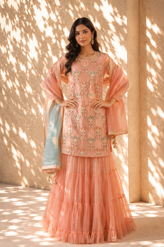 Peach Nectar Kurta & Tiered Sharara Set