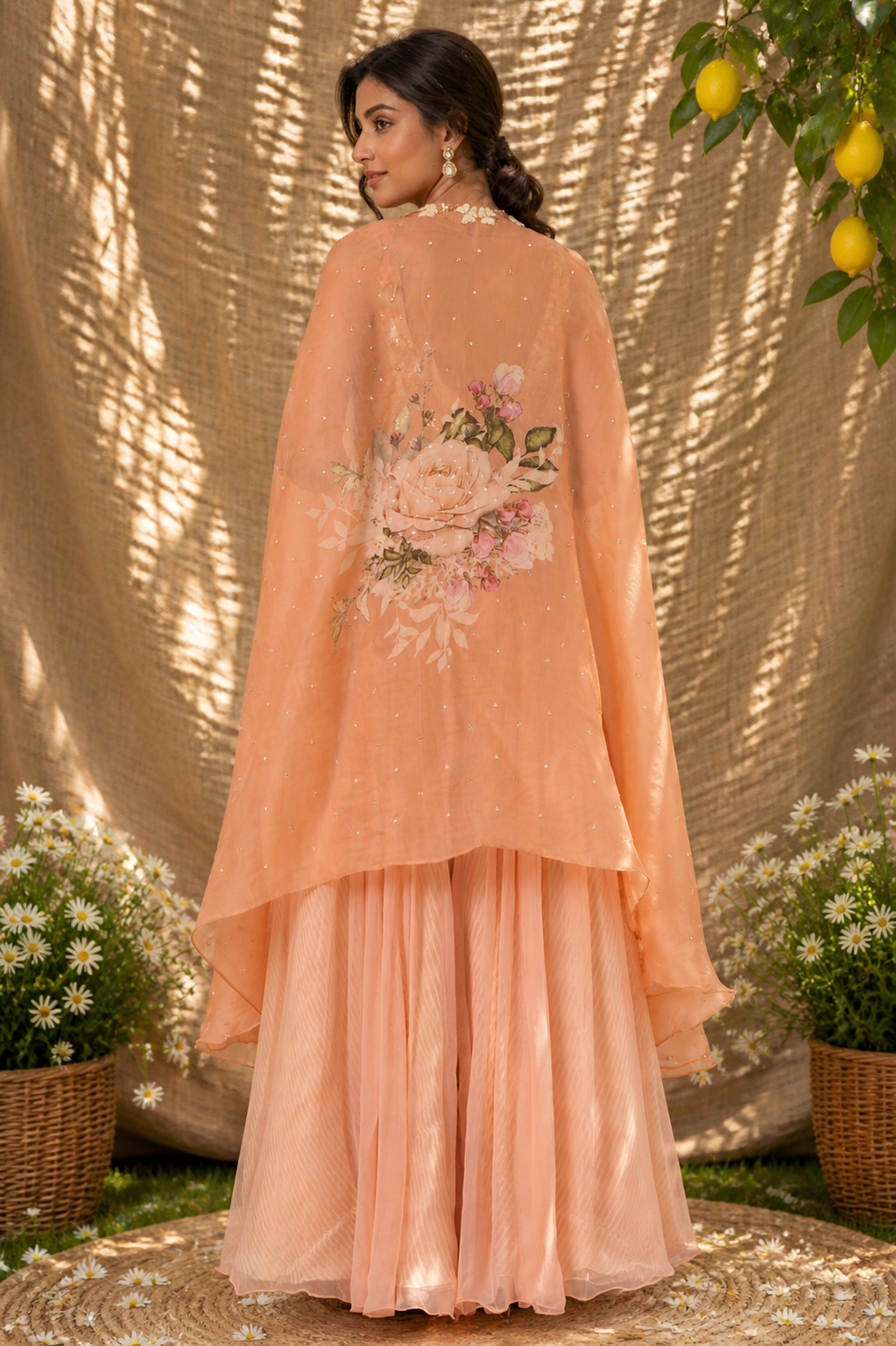 Peach Organza Printed Cape Set