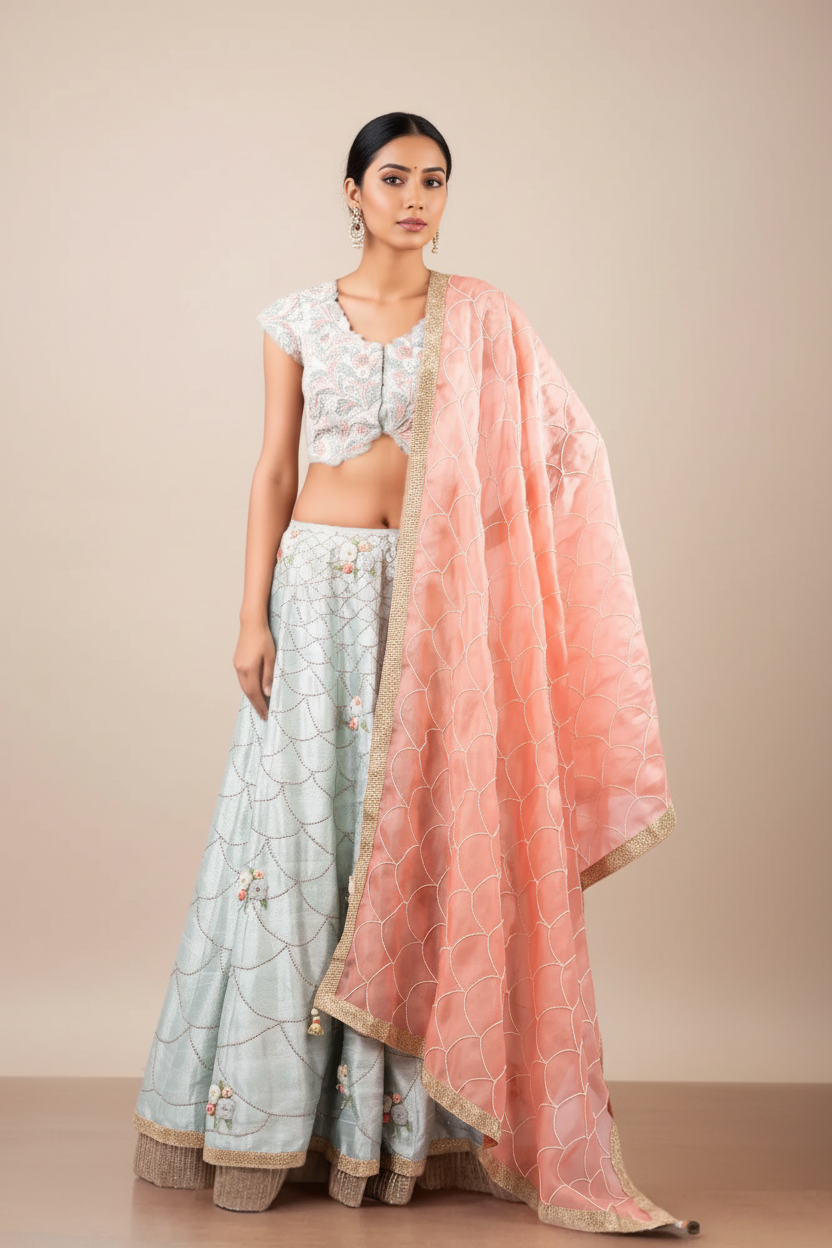 PERSIAN DORI BLOUSE WITH ANCHOR FLOWER SEQUENCE WORK RAW SILK LEHENGA