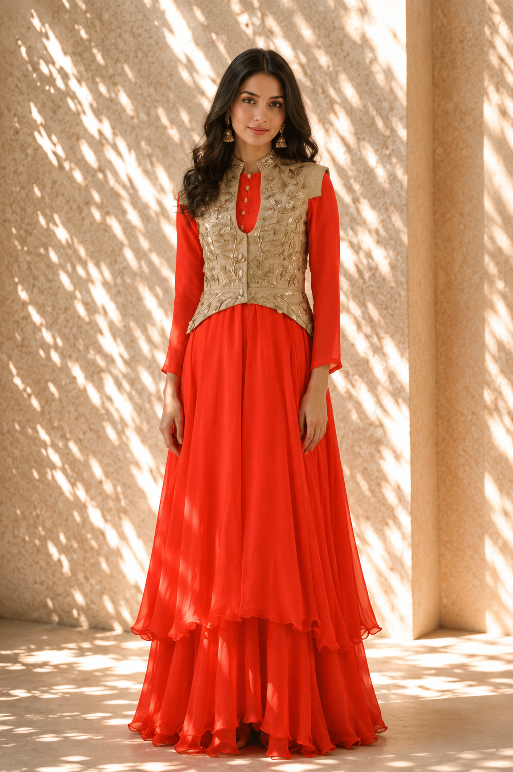 Crimson Red Anarkali with Champagne Gold Embroidered Waistcoat