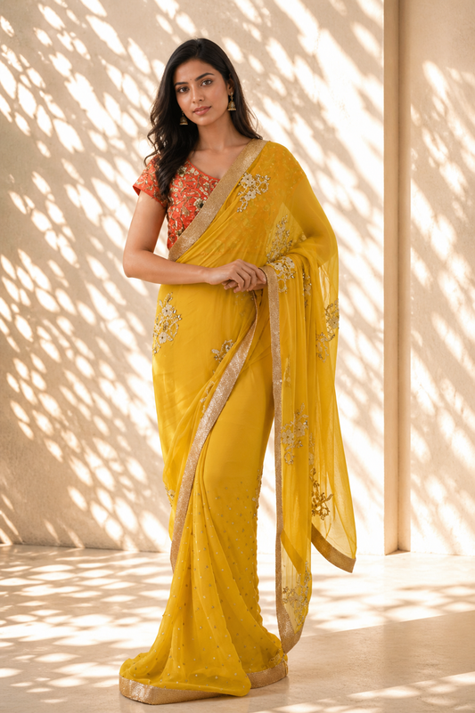 Mustard Yellow & Rust Embroidered Saree Set