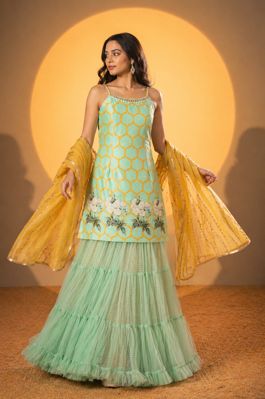 The Seafoam Honeycomb Tiered Sharara Set