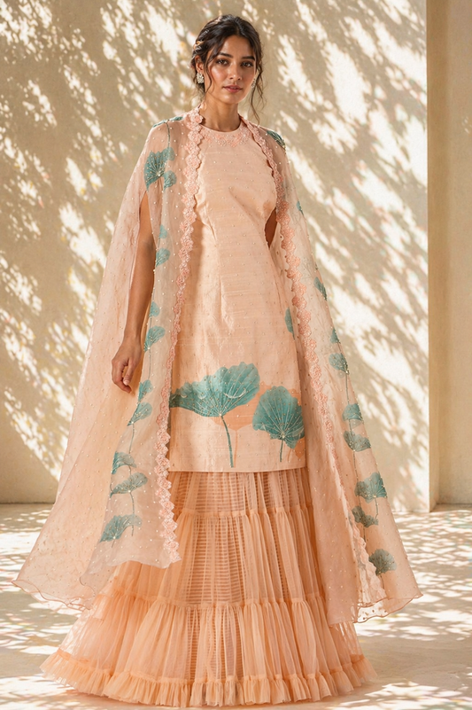Pastel Peach Botanical Cape & Tiered Sharara Fusion Set