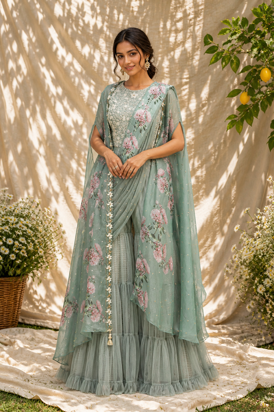 Dusty Green Floral Print Cape & Sharara Set