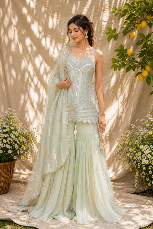 Mint Green Embroidered Strappy Kurta & Sharara Set