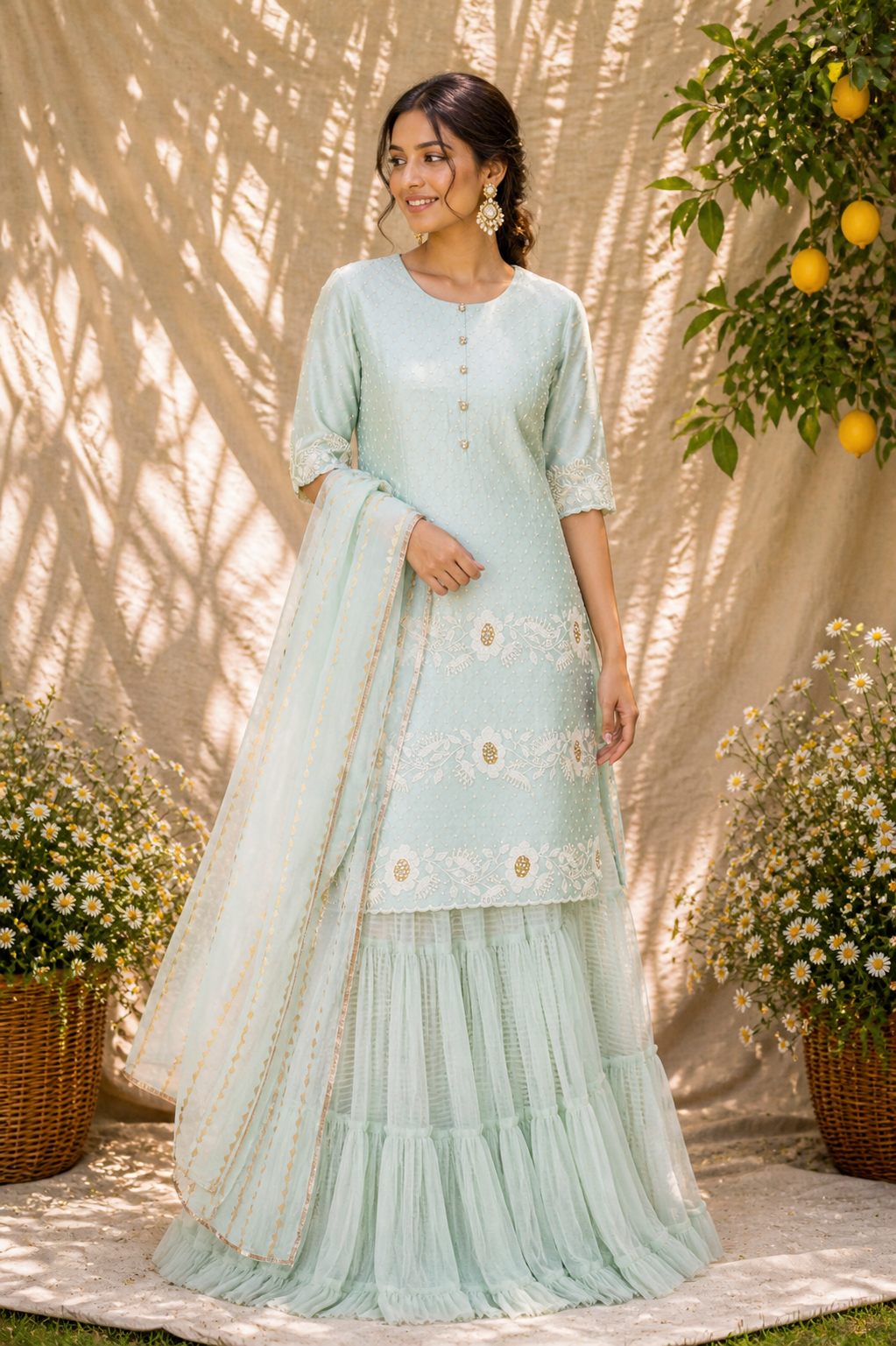 Pale Mint Embroidered Kurta & Tiered Sharara Set